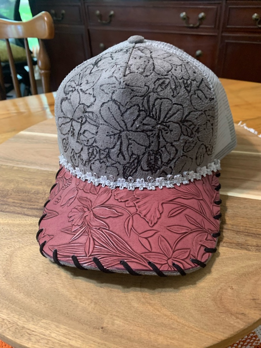 Floral Embossed Trucker Hat - Taupe & Dusty Rose